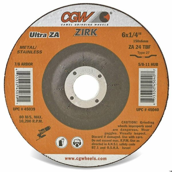 Cgw Abrasives Flat Depressed Center Wheel, 5 in Dia x 1/4 in THK, 7/8 in Center Hole, 24 Grit, Aluminum Oxide Abra 35626